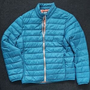 Old Navy, blue (with orange lining), puffer jacket